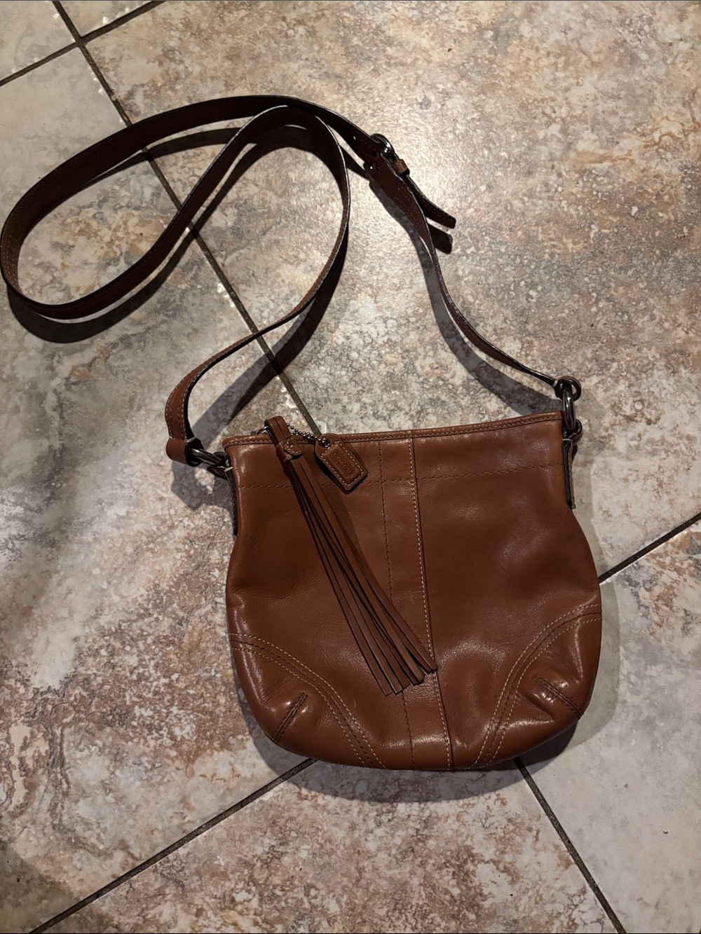 Coach Leather Crossbody in Warm Brown with Tassel